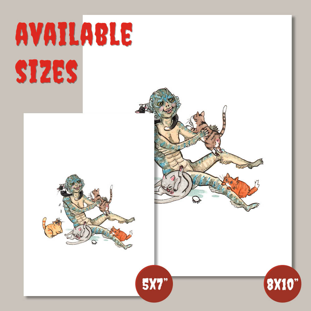 The Shape of Whiskers - Shape of Water Amphibian Man with Cats Print - Available in 5x7"& 8x10"
