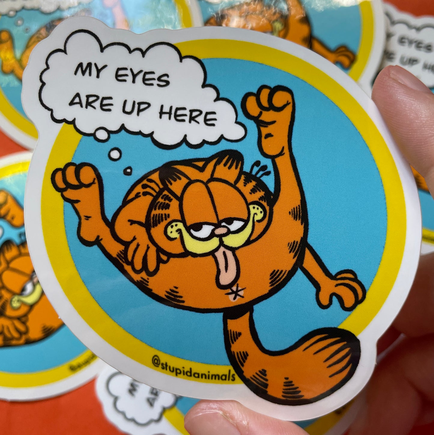 My Eyes are Up Here 3" Garf Orange Cat Parody Vinyl Sticker