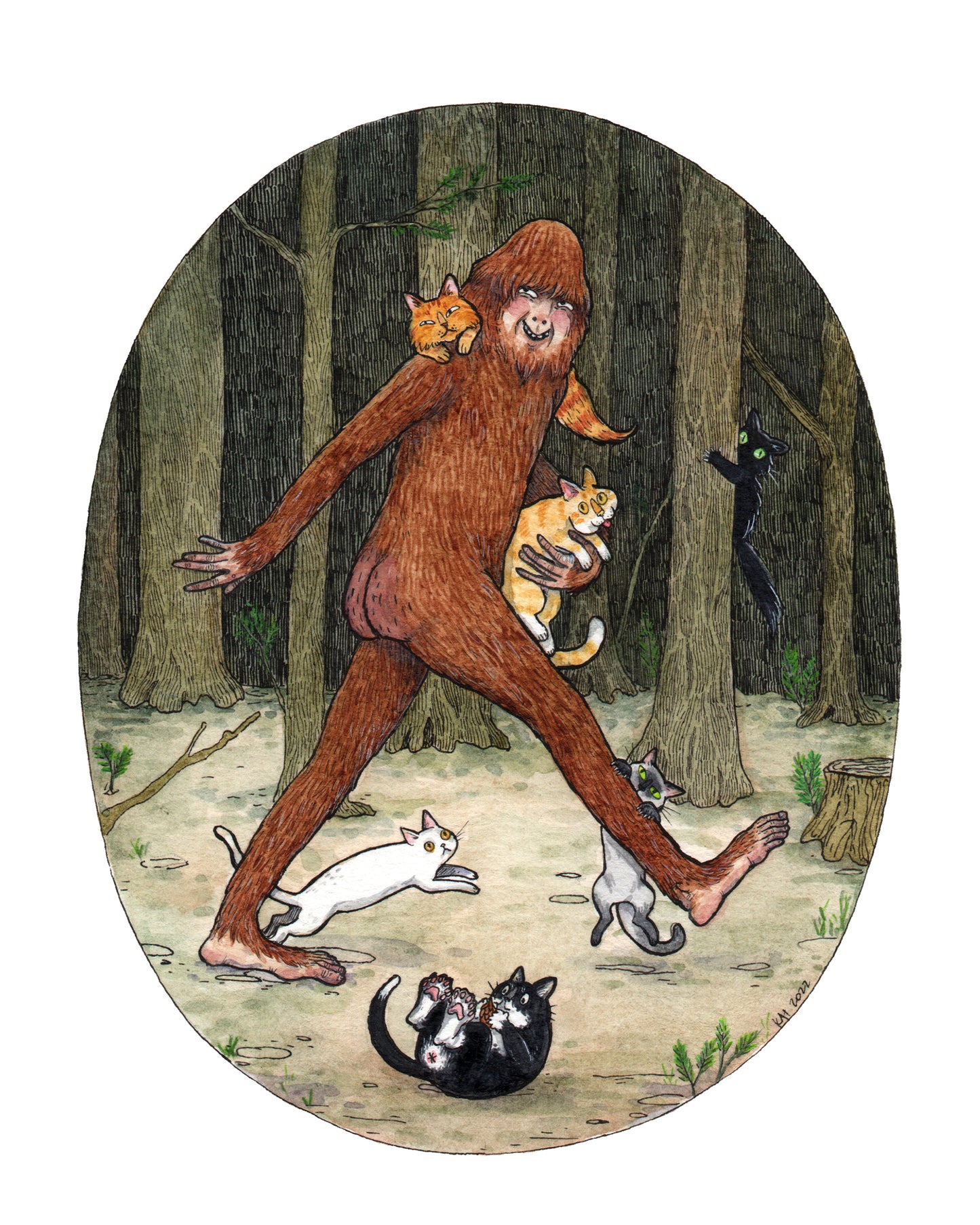 BigPaw - Bigfoot with Cats - Cryptids Horror Cats Print