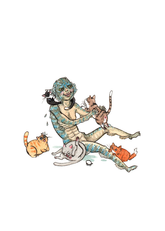 The Shape of Whiskers - Shape of Water Amphibian Man with Cats Print - Available in 5x7"& 8x10"
