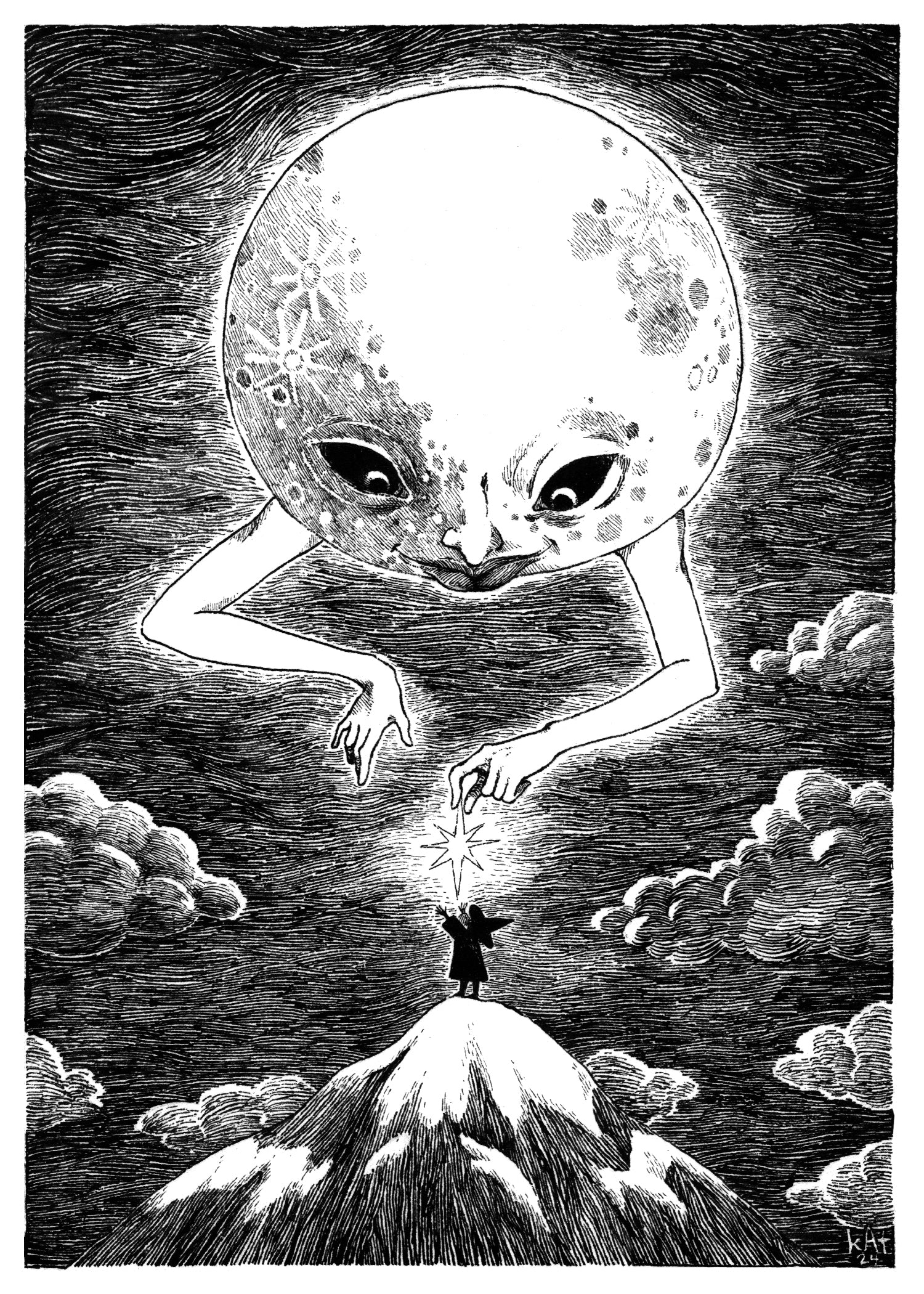 Black and white illustration of the moon with a face and arms, handing a glowing star to a witch girl standing on top of a mountain.
