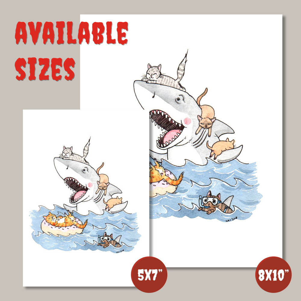 Paws - Jaws Bruce the Shark with Cats Print - Available in 5x7"& 8x10"