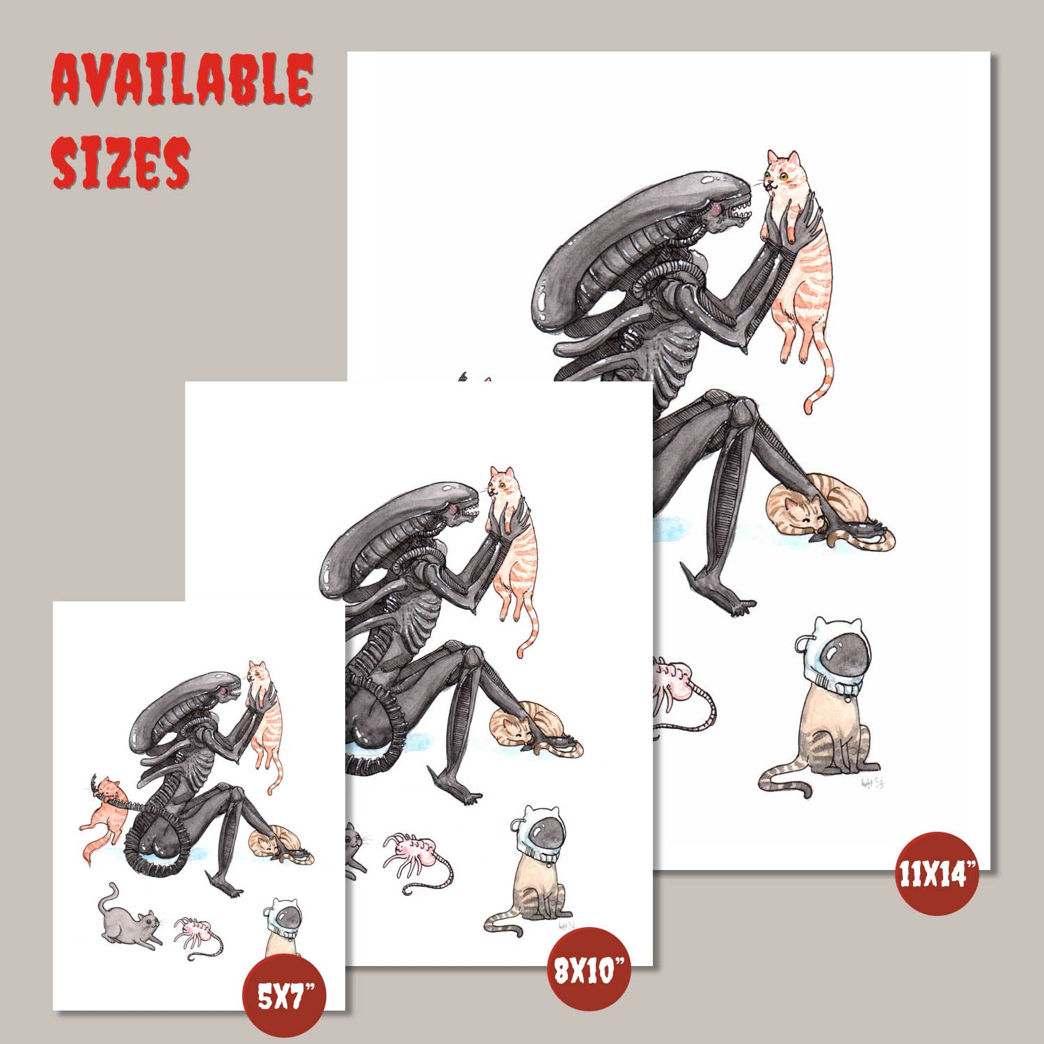 Extra-purrestrial - Alien with Cats Print - - Available in 5x7