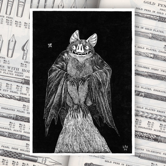 Black and white illustration of a bat-like creature on a dark background.