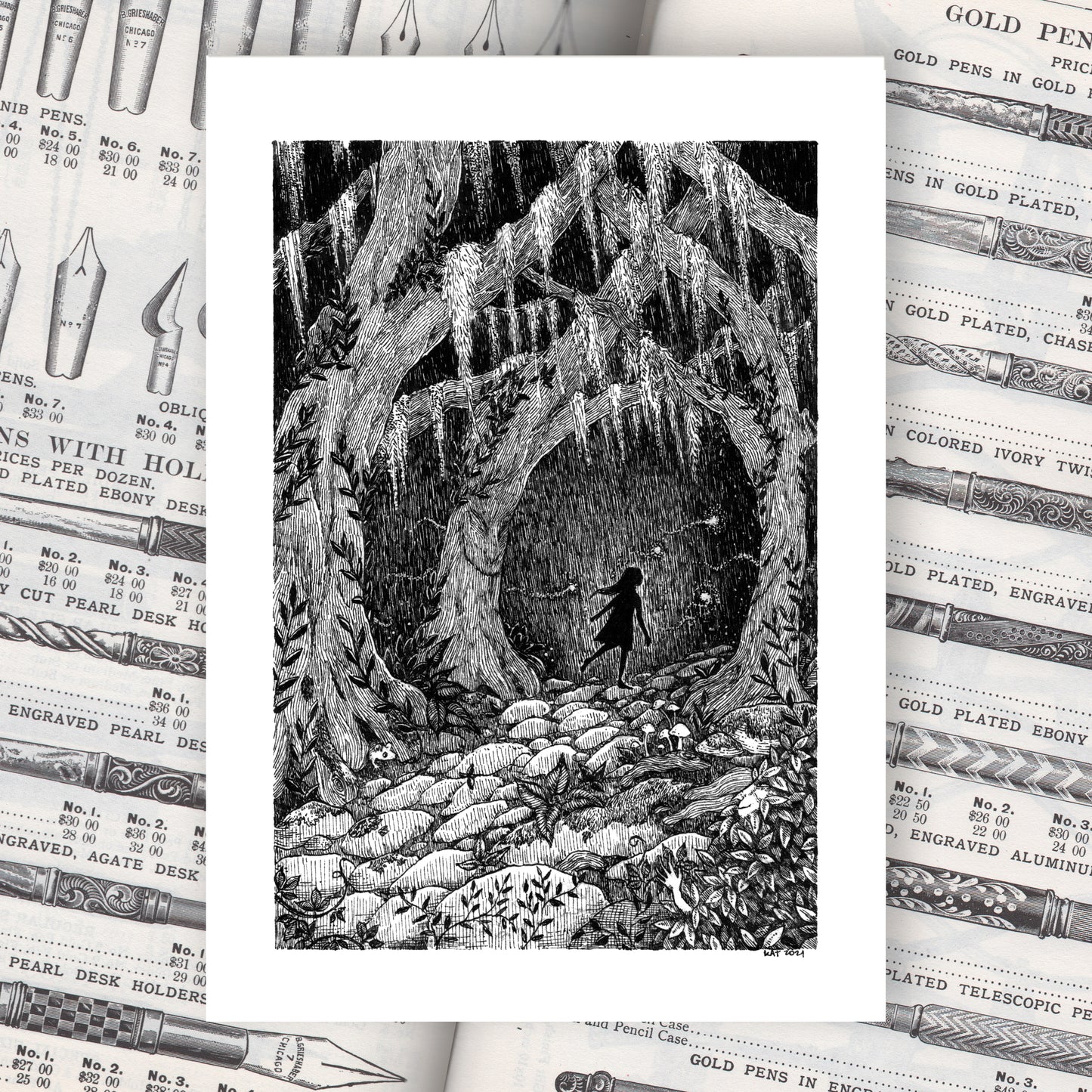 Black and white illustration of a silhouetted girl figure following glowing lights into a dark, mossy forest