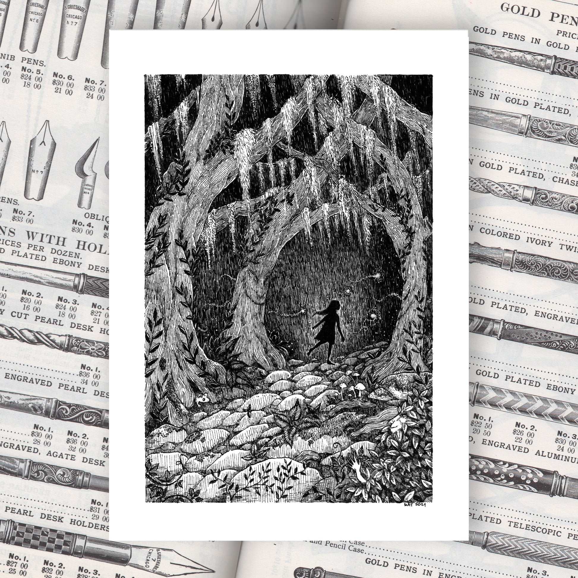 Black and white illustration of a silhouetted girl figure following glowing lights into a dark, mossy forest