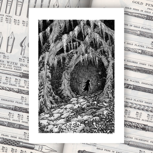 Black and white illustration of a silhouetted girl figure following glowing lights into a dark, mossy forest