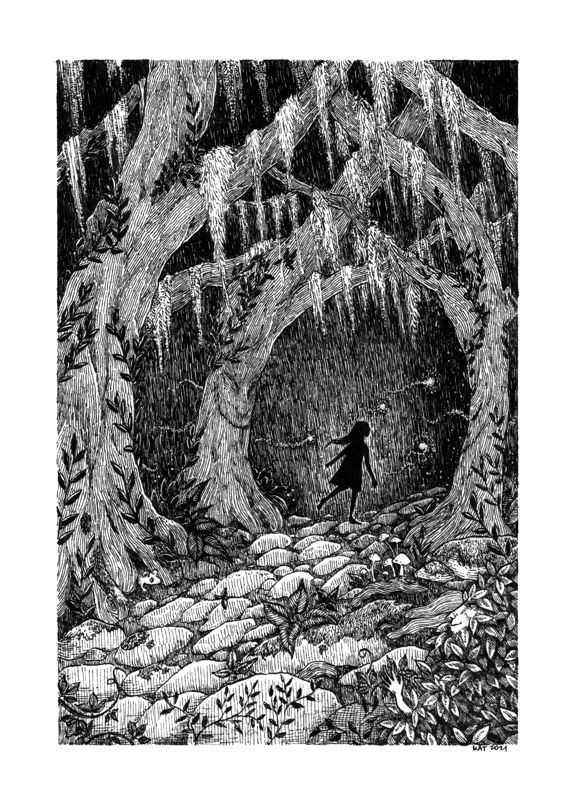 Black and white illustration of a silhouetted girl figure following glowing lights into a dark, mossy forest