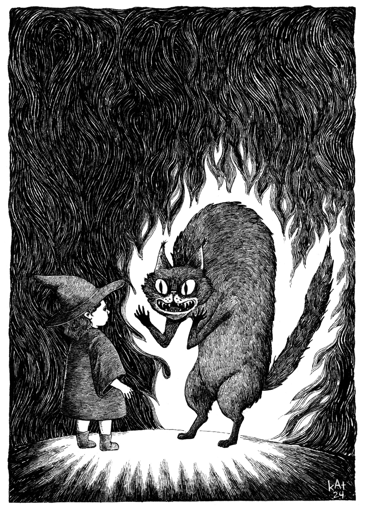 Black and white illustration of a young witch girl facing a demon in the form of a large anthropomorphic black cat