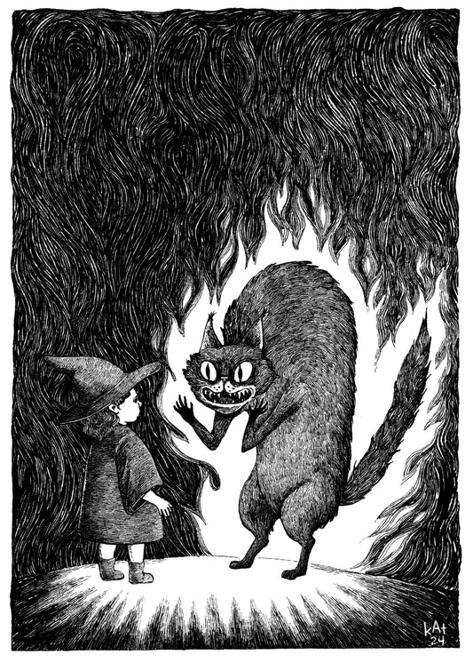 Black and white illustration of a young witch girl facing a demon in the form of a large anthropomorphic black cat