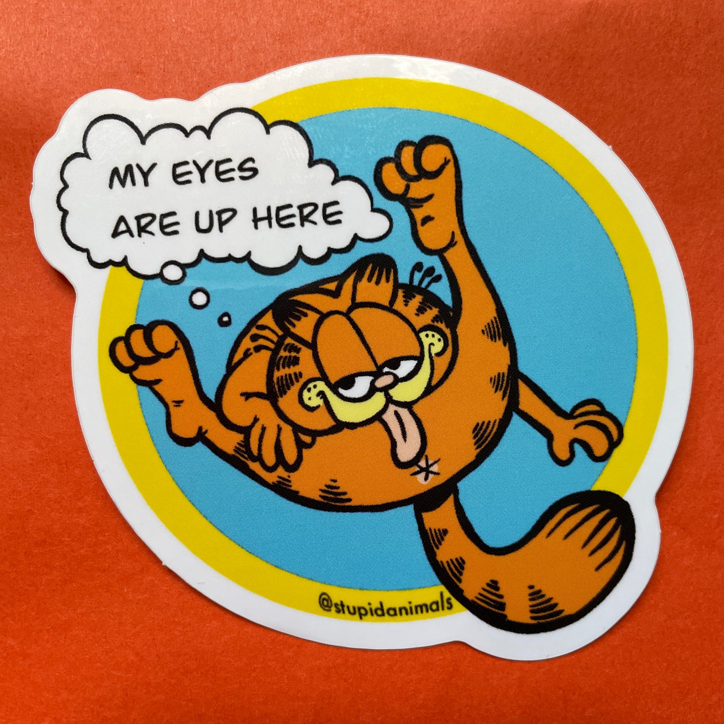 My Eyes are Up Here 3" Garf Orange Cat Parody Vinyl Sticker