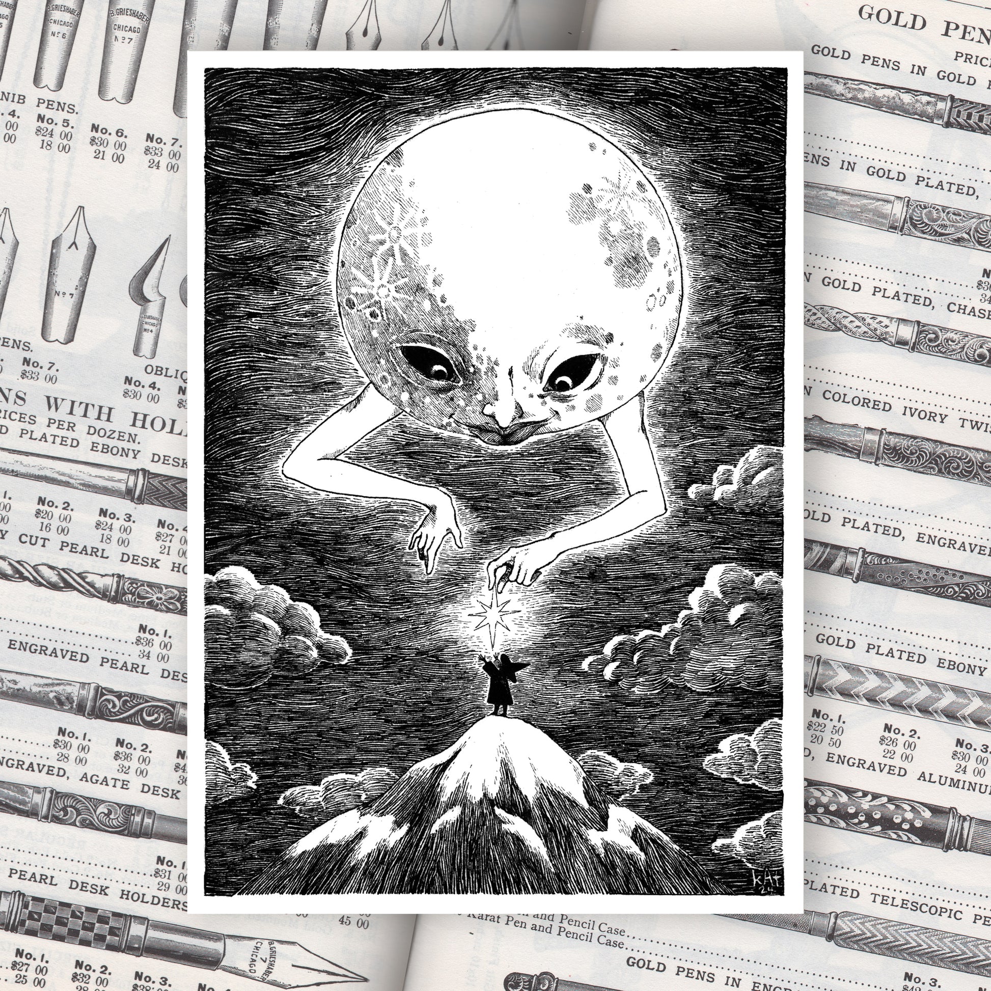 Black and white illustration of the moon with a face and arms, handing a glowing star to a witch girl standing on top of a mountain.