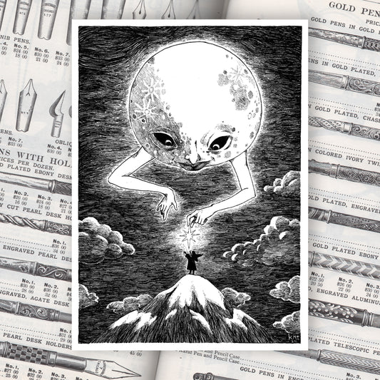 Black and white illustration of the moon with a face and arms, handing a glowing star to a witch girl standing on top of a mountain.