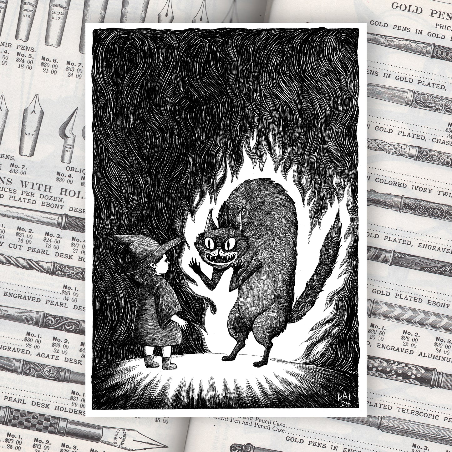 Black and white illustration of a young witch girl facing a demon in the form of a large anthropomorphic black cat