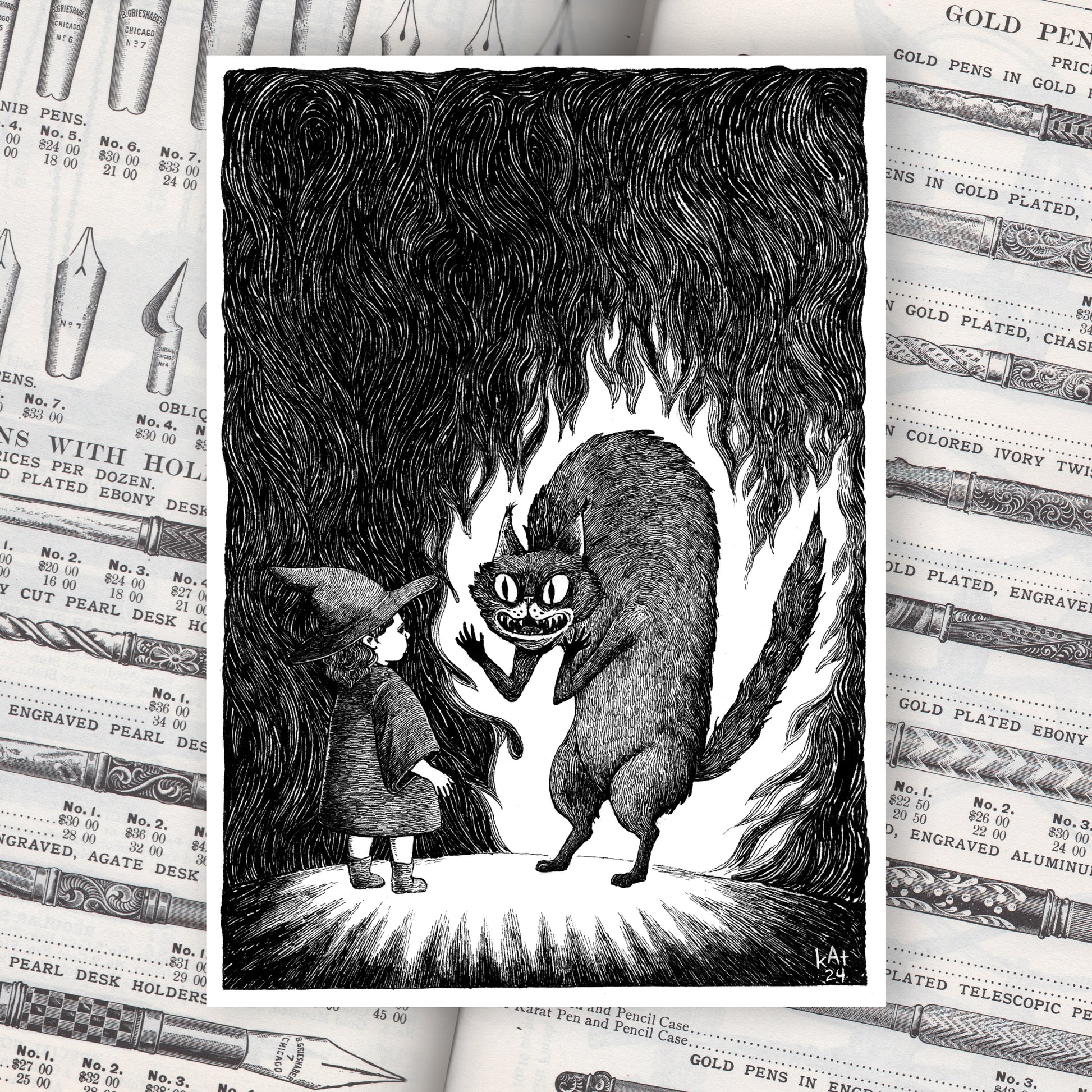 Black and white illustration of a young witch girl facing a demon in the form of a large anthropomorphic black cat