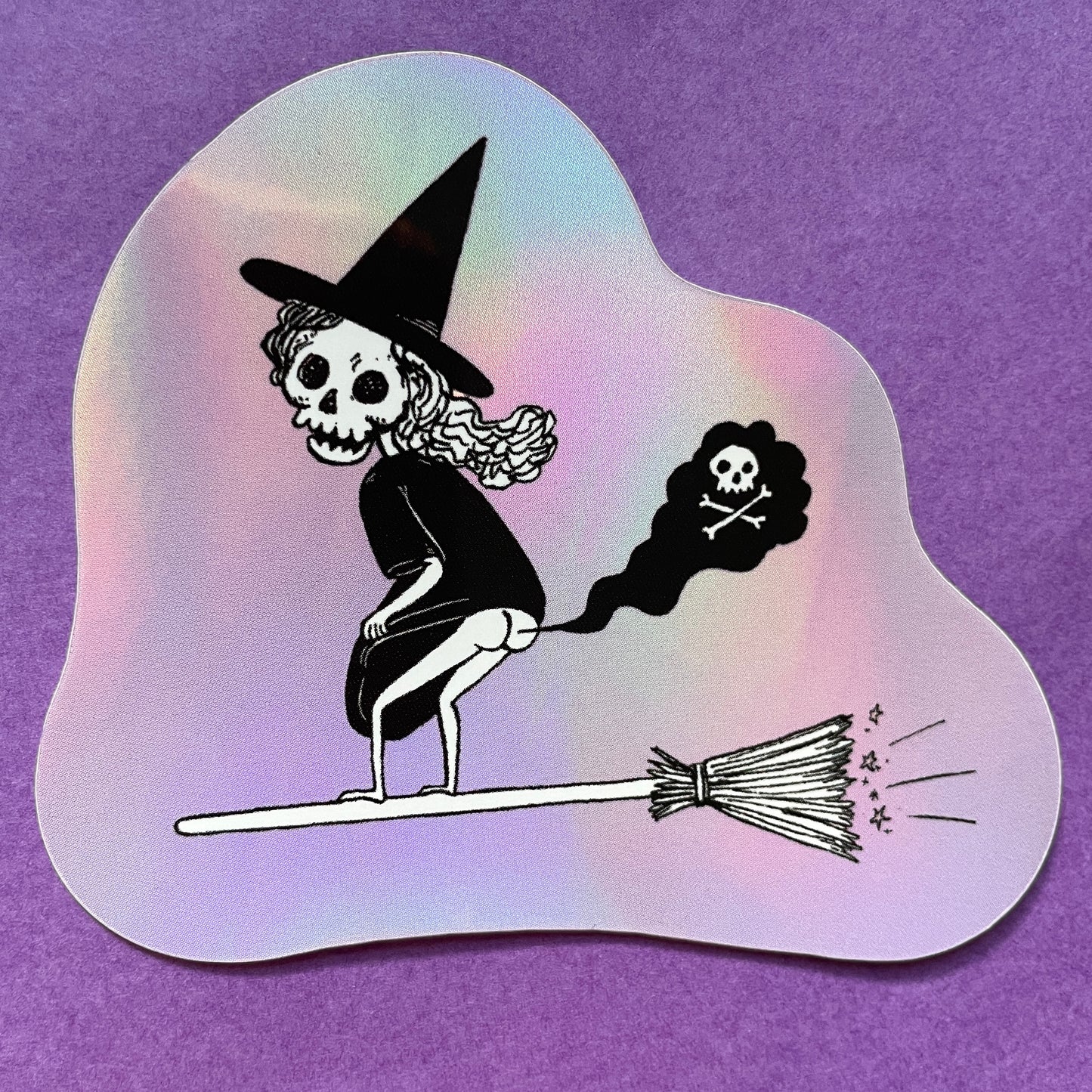 Silent But Deadly 3" Holographic Vinyl Farting Witch Skeleton Sticker