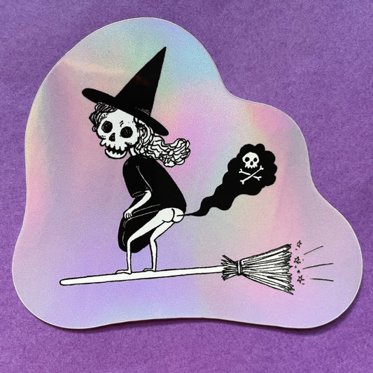 Silent But Deadly 3" Holographic Vinyl Farting Witch Skeleton Sticker