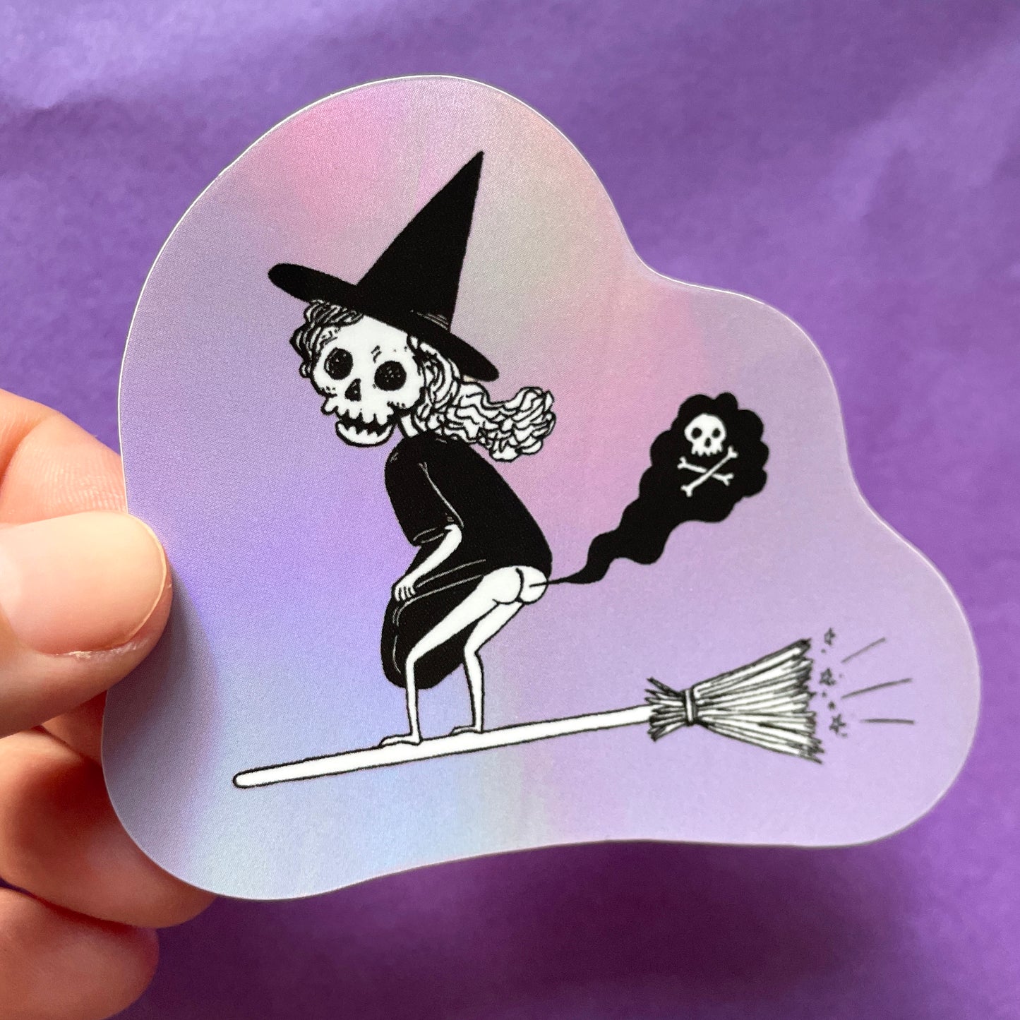 Silent But Deadly 3" Holographic Vinyl Farting Witch Skeleton Sticker