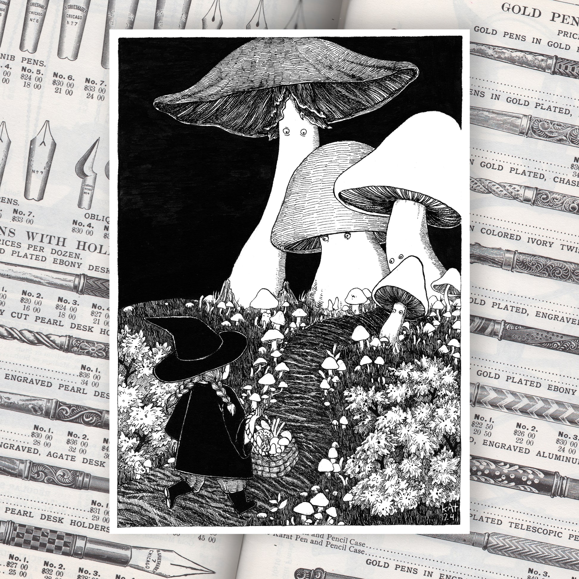 Black and white illustration of a witch girl with a basket of mushrooms, heading into a forest of giant mushrooms with concerned faces. 