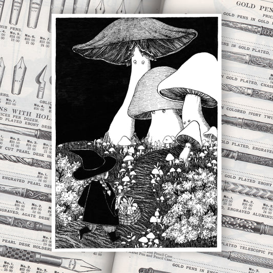Black and white illustration of a witch girl with a basket of mushrooms, heading into a forest of giant mushrooms with concerned faces. 