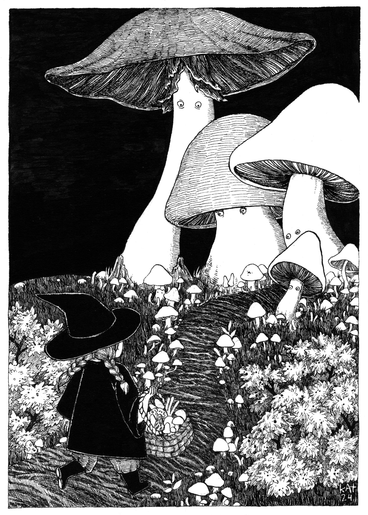 Black and white illustration of a witch girl with a basket of mushrooms, heading into a forest of giant mushrooms with concerned faces. 