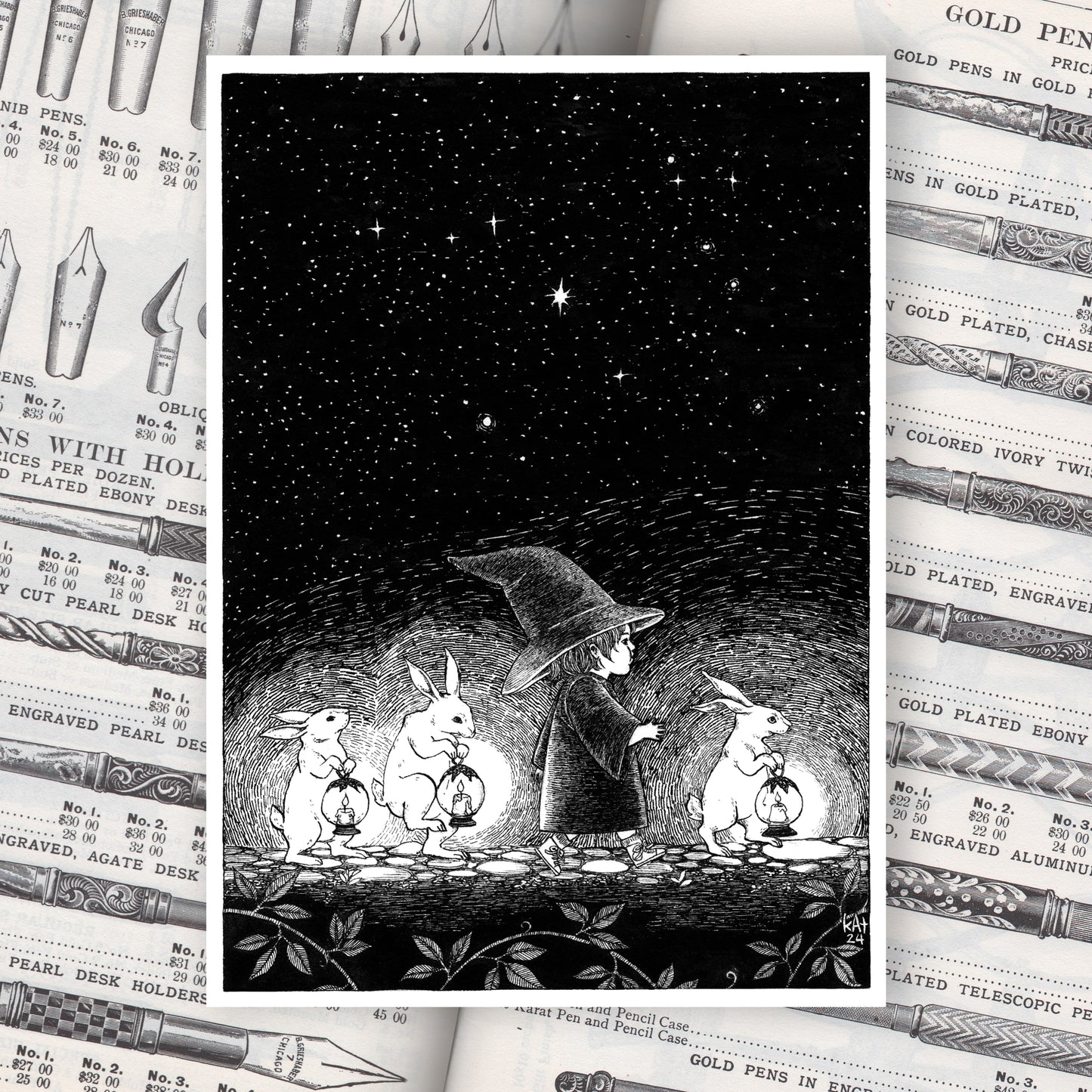 Black and white illustration of a young witch with rabbits carrying lanterns under a starry night sky.