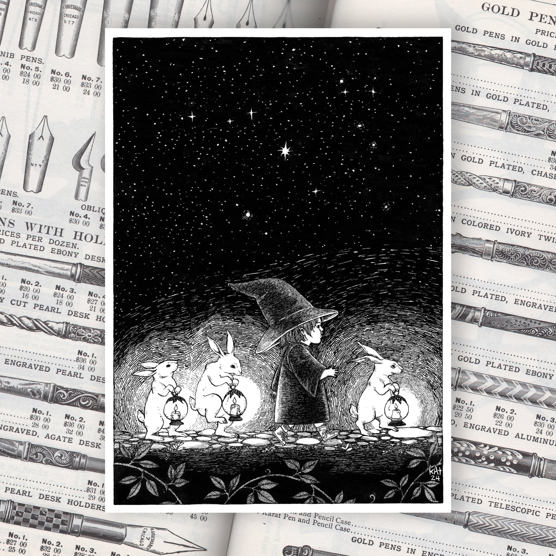 Black and white illustration of a young witch with rabbits carrying lanterns under a starry night sky.