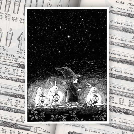 Black and white illustration of a young witch with rabbits carrying lanterns under a starry night sky.