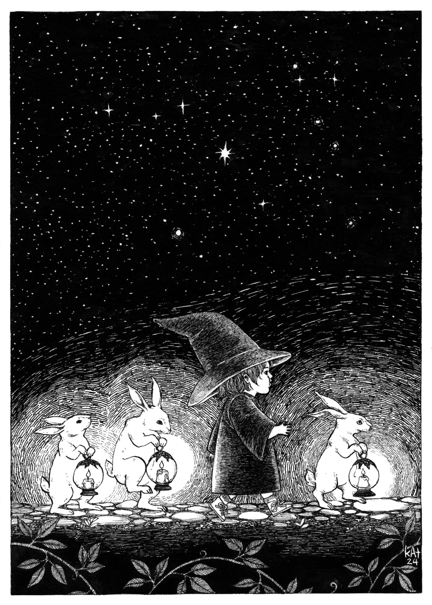 Black and white illustration of a young witch with three rabbits carrying lanterns under a starry night sky.