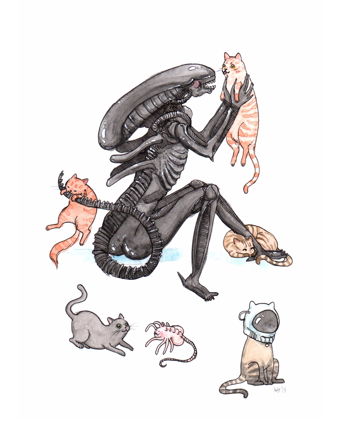 Extra-purrestrial - Alien with Cats Print - - Available in 5x7", 8x10", & 11x14"