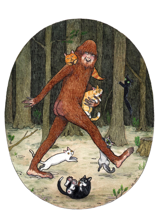 BigPaw - Bigfoot with Cats - Cryptids Horror Cats Print