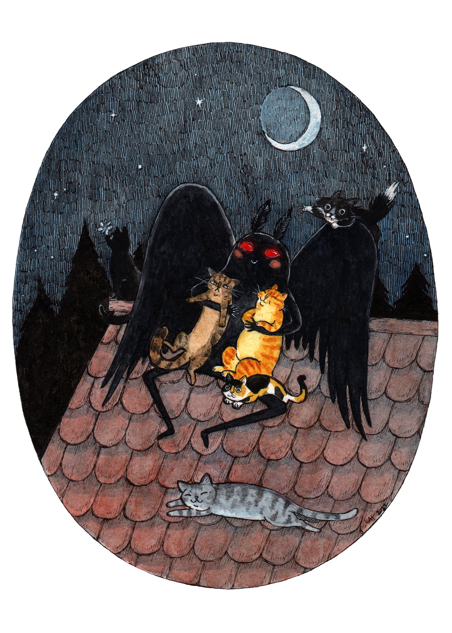 Meowthman - Mothman with Cats - Cryptids Horror Cats Print