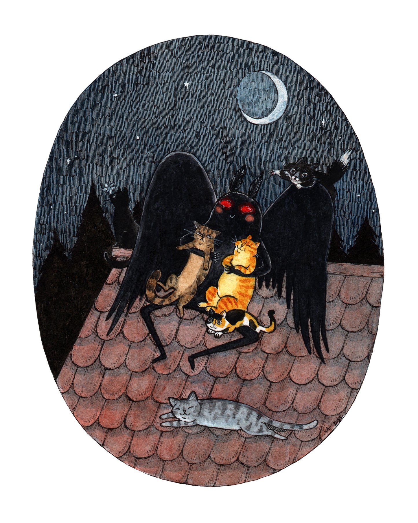 Meowthman - Mothman with Cats - Cryptids Horror Cats Print