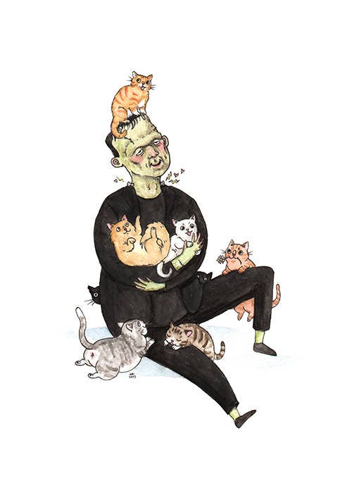 Frankhisstein - Frankenstein Monster with Cats Print - Available in 5x7"& 8x10"