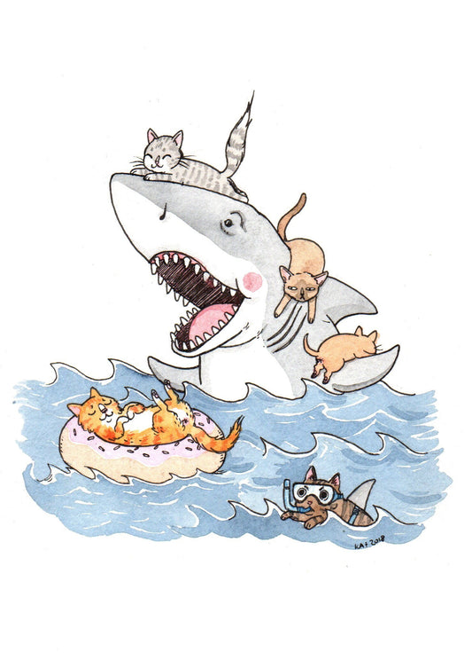 Paws - Jaws Bruce the Shark with Cats Print - Available in 5x7"& 8x10"
