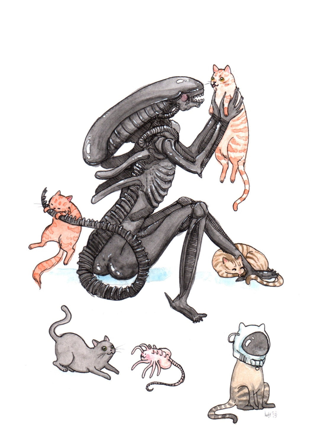 Extra-purrestrial - Alien with Cats Print - - Available in 5x7", 8x10", & 11x14"
